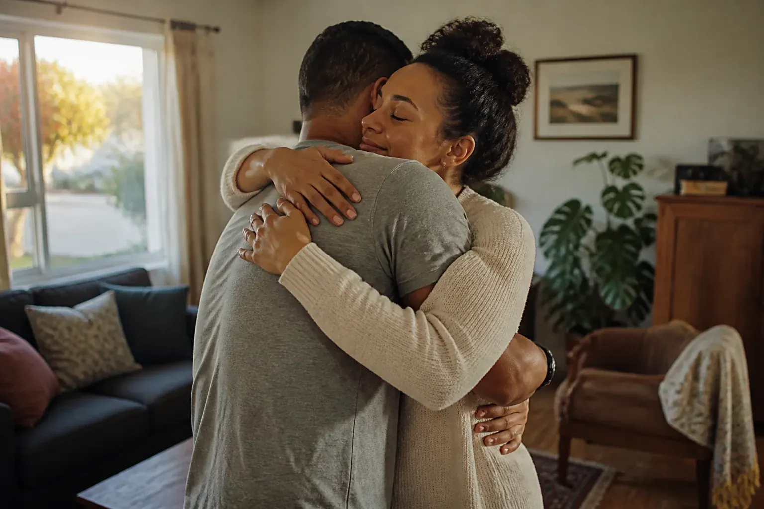 An adult couple reconnecting through a calm, comforting embrace at home
